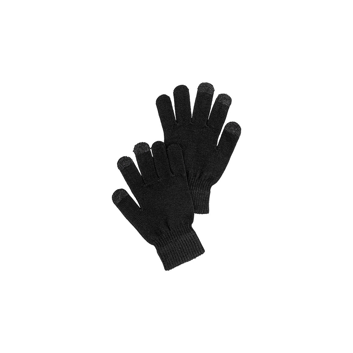 A pair of black knitted gloves with special touch screen compatible tips on the thumb, index, and middle fingers.