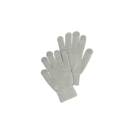 These are gray knitted gloves featuring conductive fingertips on the thumb, index, and middle fingers for touch screen use.