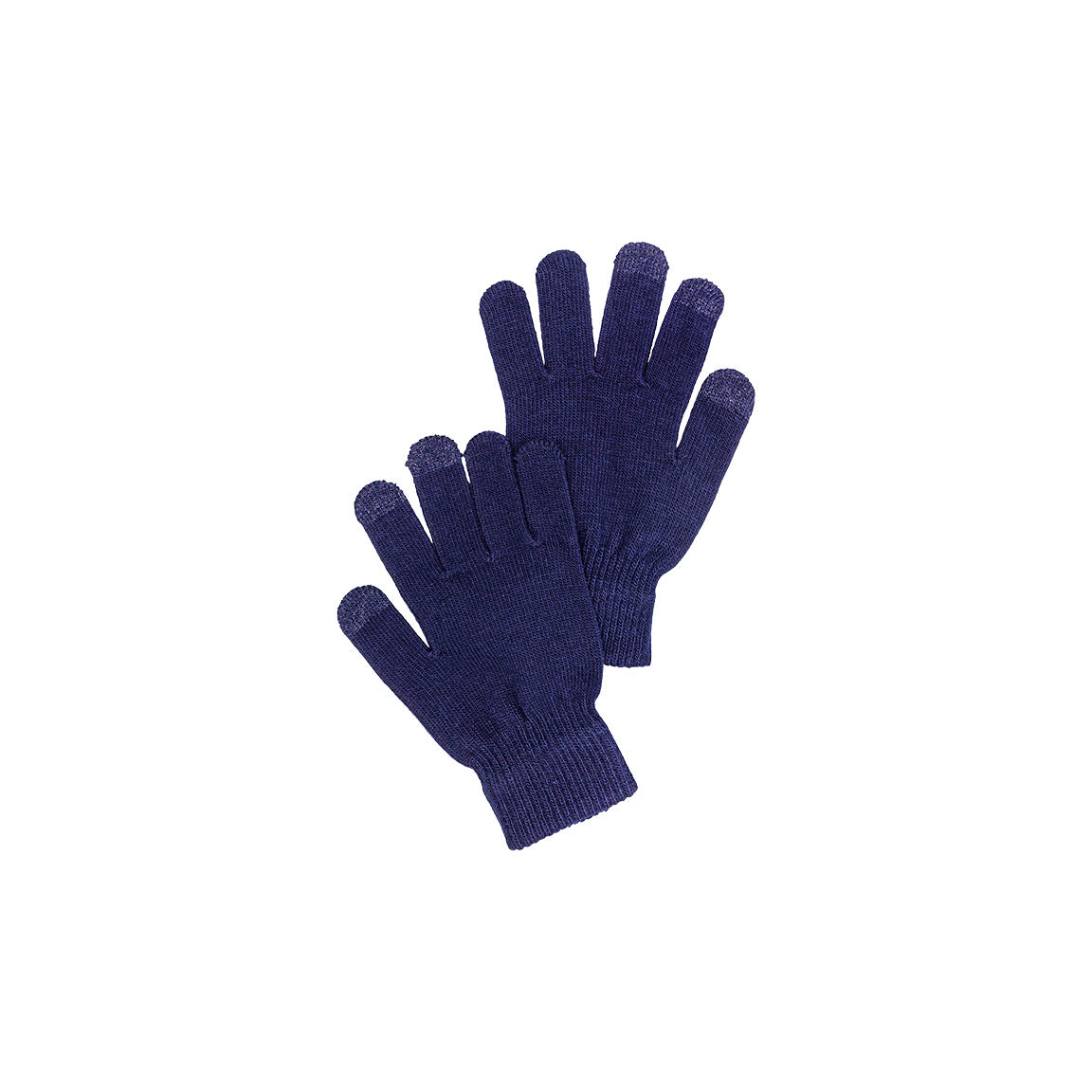 A pair of navy blue knitted gloves, with the thumb, index, and middle fingers designed for touch screen interaction.