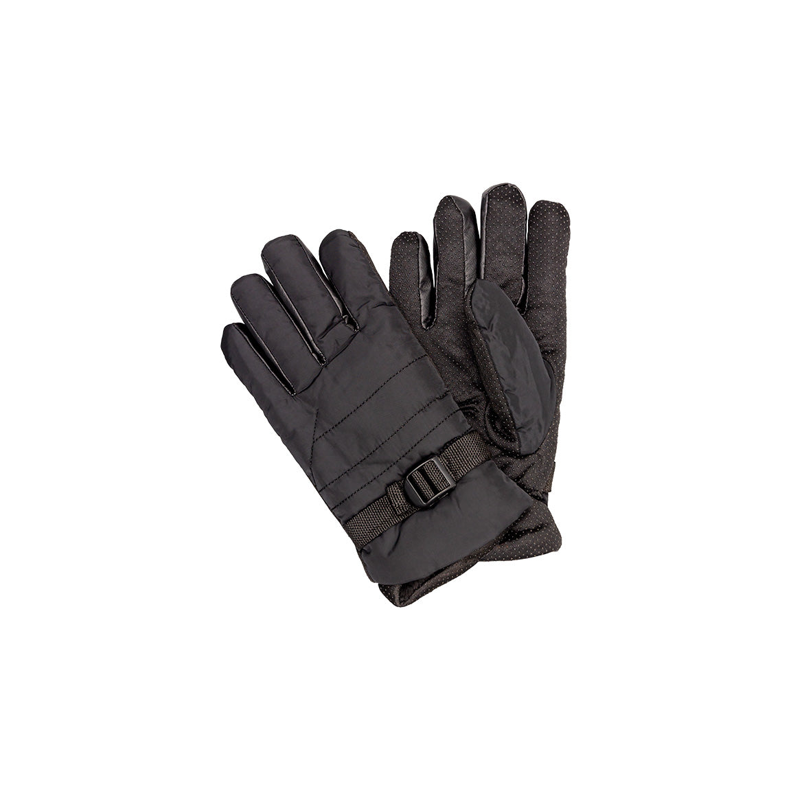 A pair of black insulated gloves with quilted padding on the back, textured grip on the palms and fingers, and a strap on the wrist for adjustment.