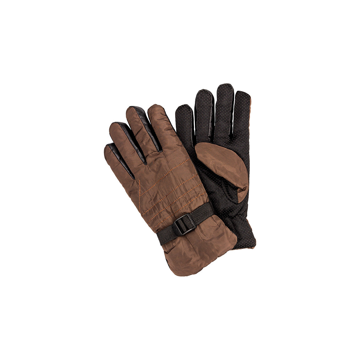 These are brown insulated gloves with quilted stitching on the back, a textured grip design on the palms and fingers, and a wrist strap for a snug fit.