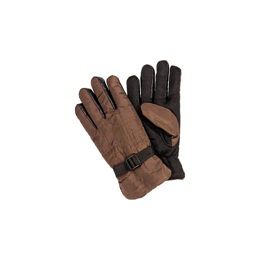 These are brown insulated gloves with quilted stitching on the back, a textured grip design on the palms and fingers, and a wrist strap for a snug fit.