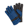 A pair of navy blue insulated gloves featuring quilted detail on the back, palms and fingers with a textured grip, and an adjustable wrist strap.