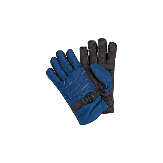 A pair of navy blue insulated gloves featuring quilted detail on the back, palms and fingers with a textured grip, and an adjustable wrist strap.