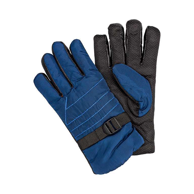 A pair of navy blue insulated gloves featuring quilted detail on the back, palms and fingers with a textured grip, and an adjustable wrist strap.