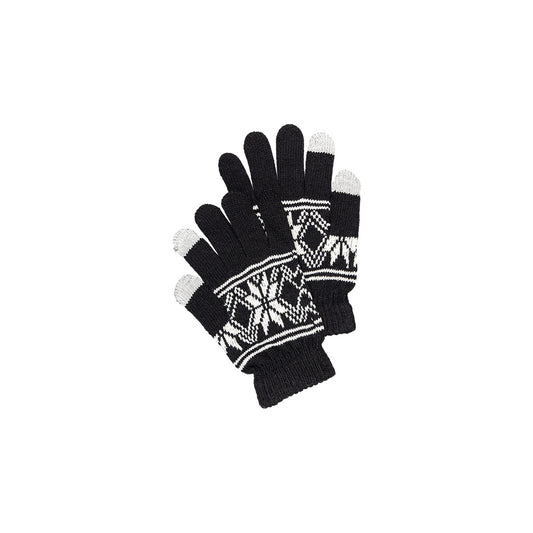 Black and white patterned knitted gloves with touch screen capability on the thumb, index, and middle fingers.