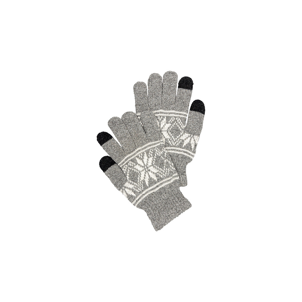 Gray gloves with a white snowflake pattern and black touch screen capable tips on the thumb, index, and middle fingers.