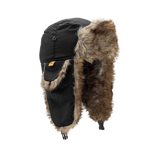 This is a black aviator hat with ear flaps and a front buckle, featuring a brown faux fur trim.