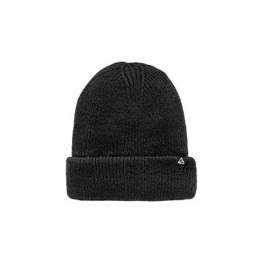 A black knitted beanie with a ribbed texture and a folded cuff, adorned with a small triangular logo on the cuff.