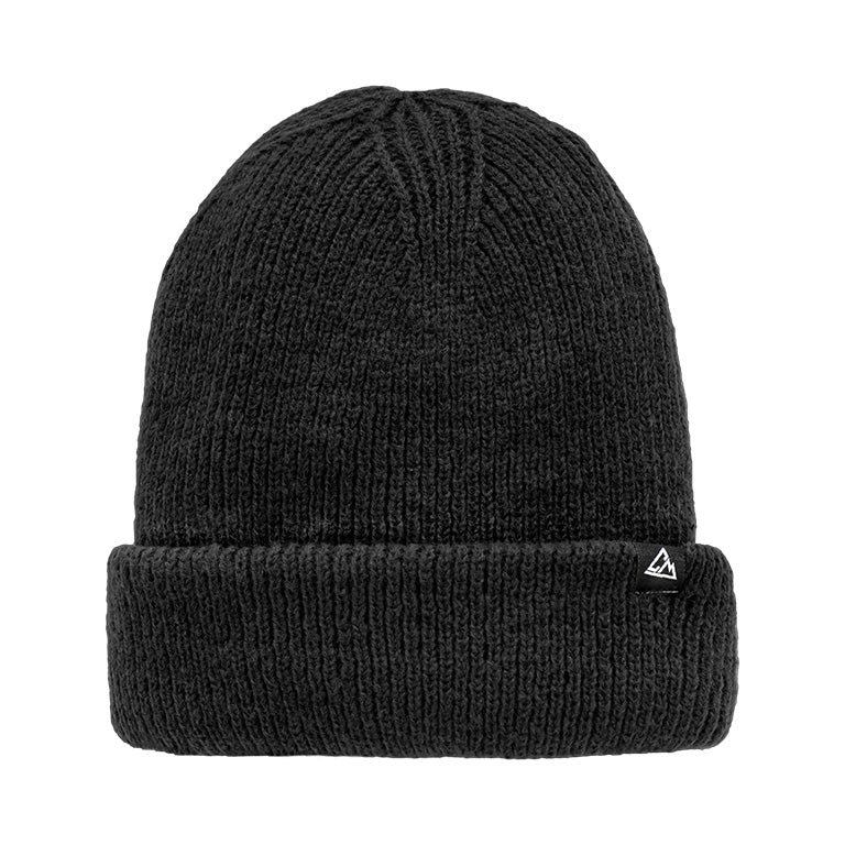 A black knitted beanie with a ribbed texture and a folded cuff, adorned with a small triangular logo on the cuff.