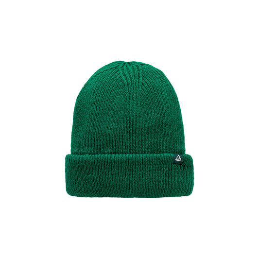 This is a green knitted beanie with a ribbed design and a fold-over cuff, which has a small triangular emblem on it.