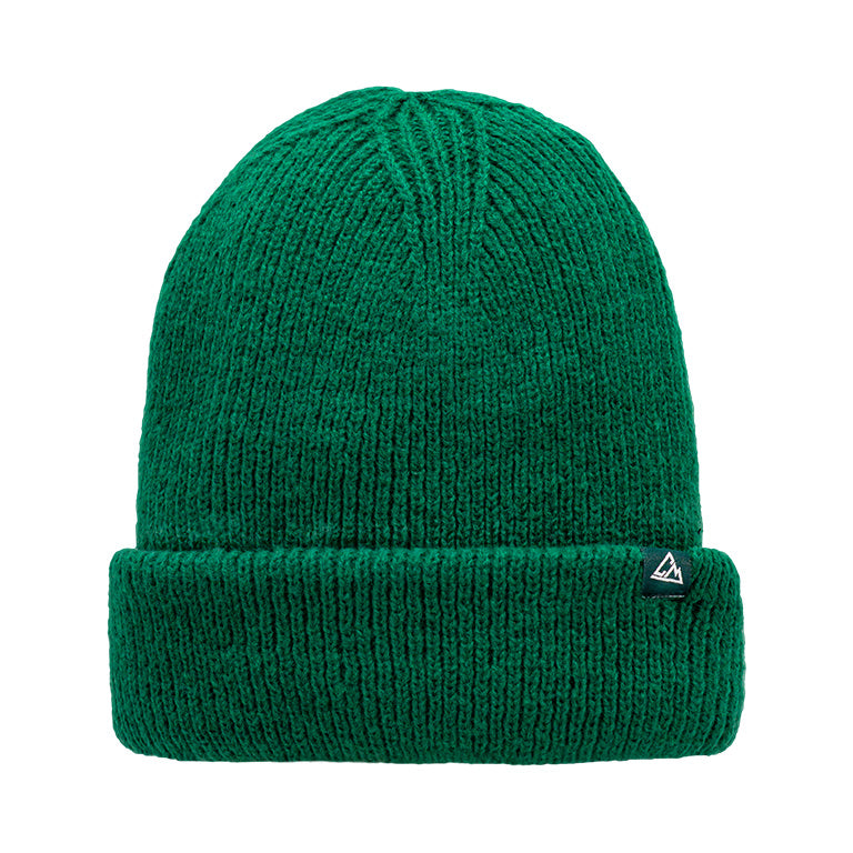 This is a green knitted beanie with a ribbed design and a fold-over cuff, which has a small triangular emblem on it.