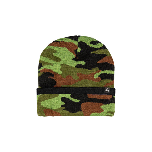This beanie has a camo design with green, brown, and black, accented with a black cuff and a small triangular emblem.