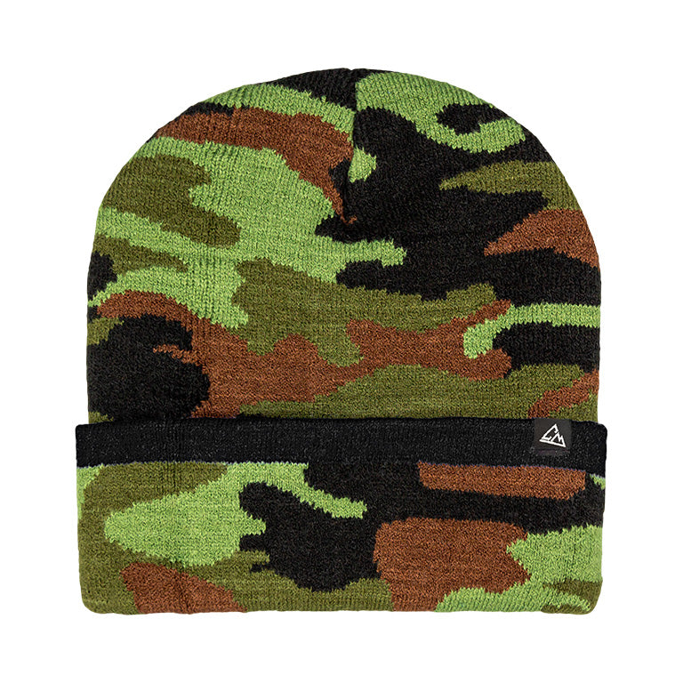 This beanie has a camo design with green, brown, and black, accented with a black cuff and a small triangular emblem.