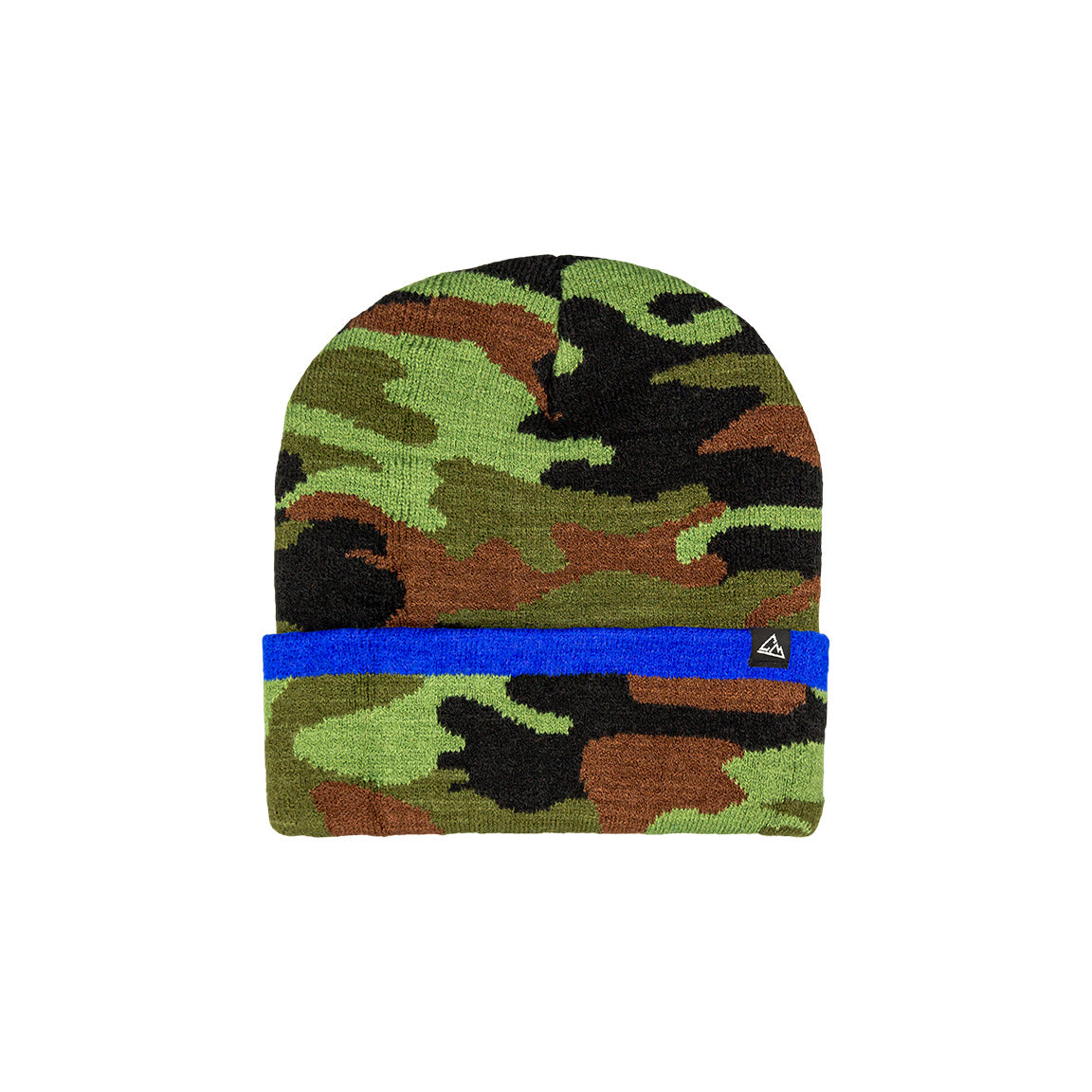 This beanie has a camo design with green, brown, and black, accented with a bright blue cuff and a small triangular emblem.