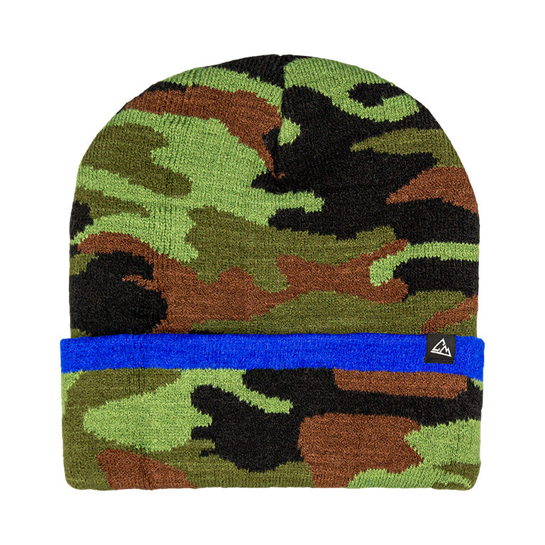 This beanie has a camo design with green, brown, and black, accented with a bright blue cuff and a small triangular emblem.