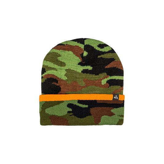 A green, brown, and black camouflaged beanie with an orange cuff is displayed, complete with a tiny triangular tag on the cuff.