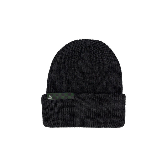 This is a black ribbed knitted beanie, displaying a green and black checkered stripe on the cuff, along with a tiny triangular emblem.