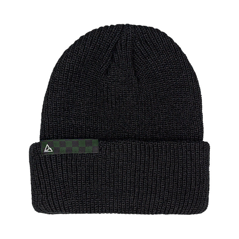 This is a black ribbed knitted beanie, displaying a green and black checkered stripe on the cuff, along with a tiny triangular emblem.