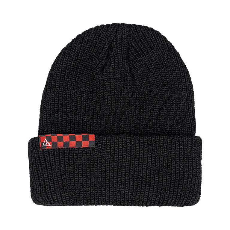 A black ribbed beanie is shown, sporting a red and black checkered band on the cuff, complemented by a small triangular logo tag.