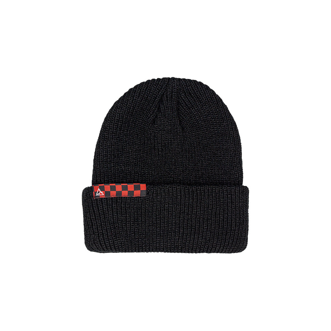 A black ribbed beanie is shown, sporting a red and black checkered band on the cuff, complemented by a small triangular logo tag.