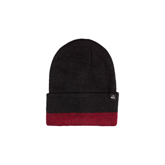 A black ribbed beanie with a contrasting burgundy-colored cuff and a small triangular logo on the side.