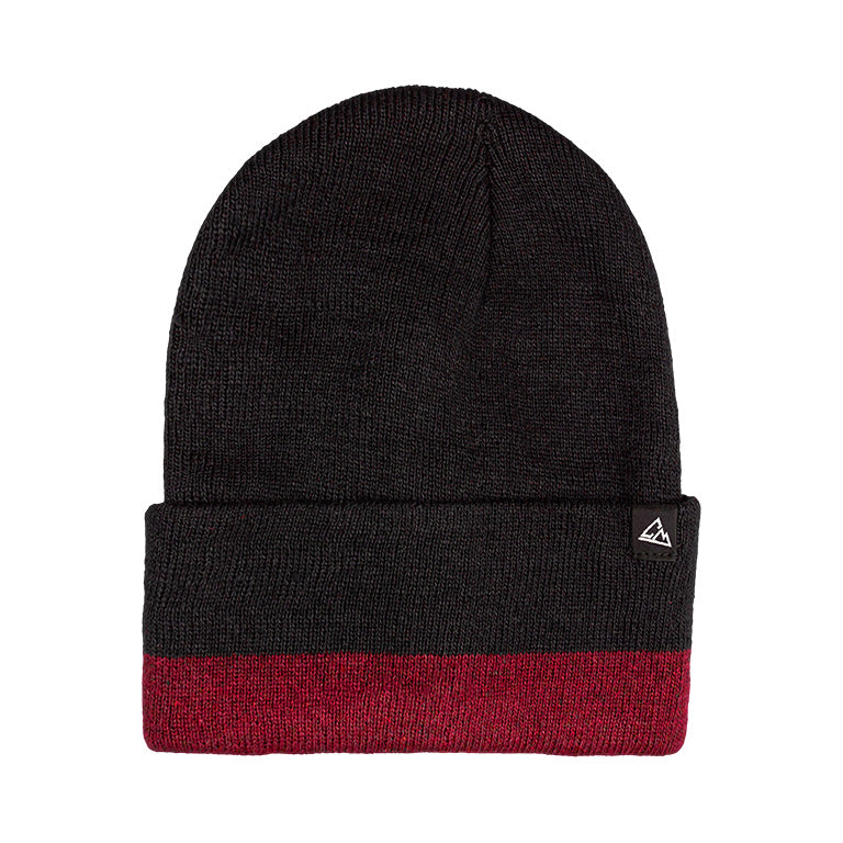 A black ribbed beanie with a contrasting burgundy-colored cuff and a small triangular logo on the side.