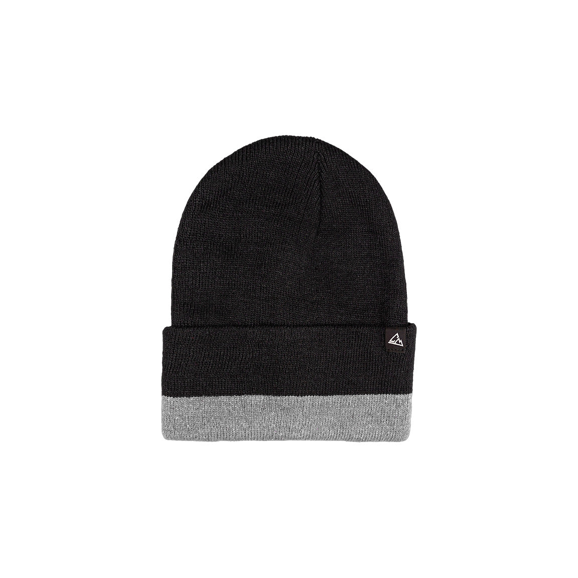 Displayed is a black ribbed beanie with a grey block on the cuff and a small triangular logo affixed to the side.