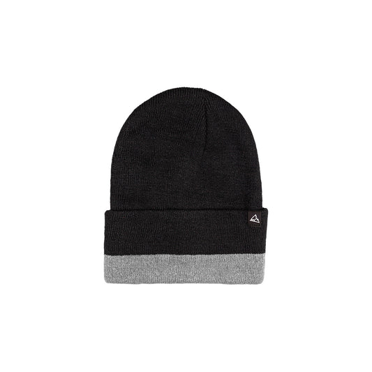 Displayed is a black ribbed beanie with a grey block on the cuff and a small triangular logo affixed to the side.
