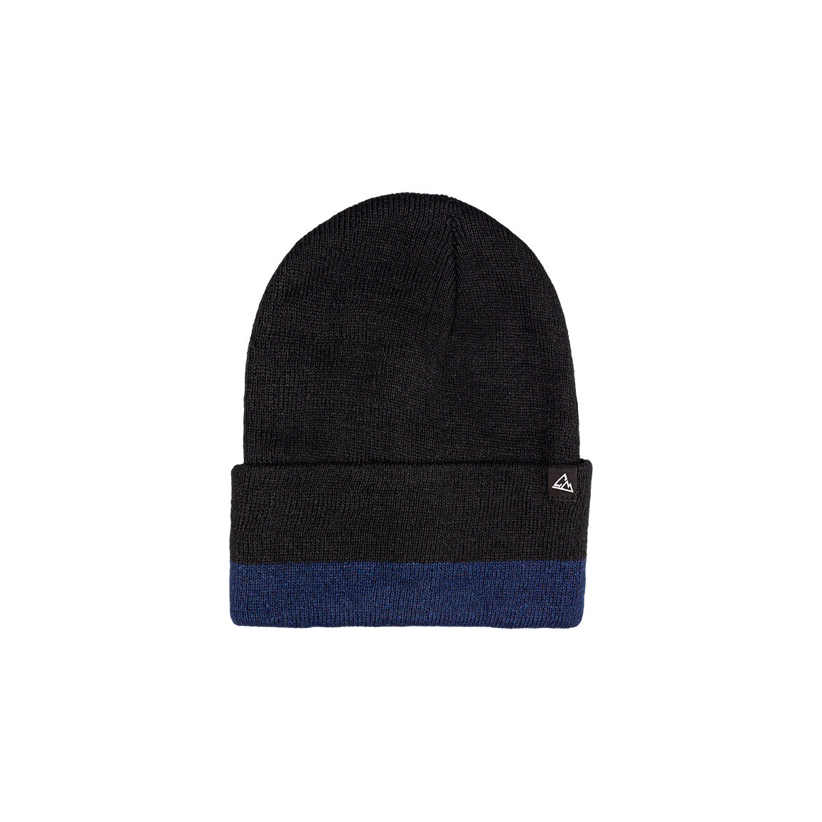This shows a black ribbed beanie that features a blue block on the cuff, complemented by a small triangular logo.
