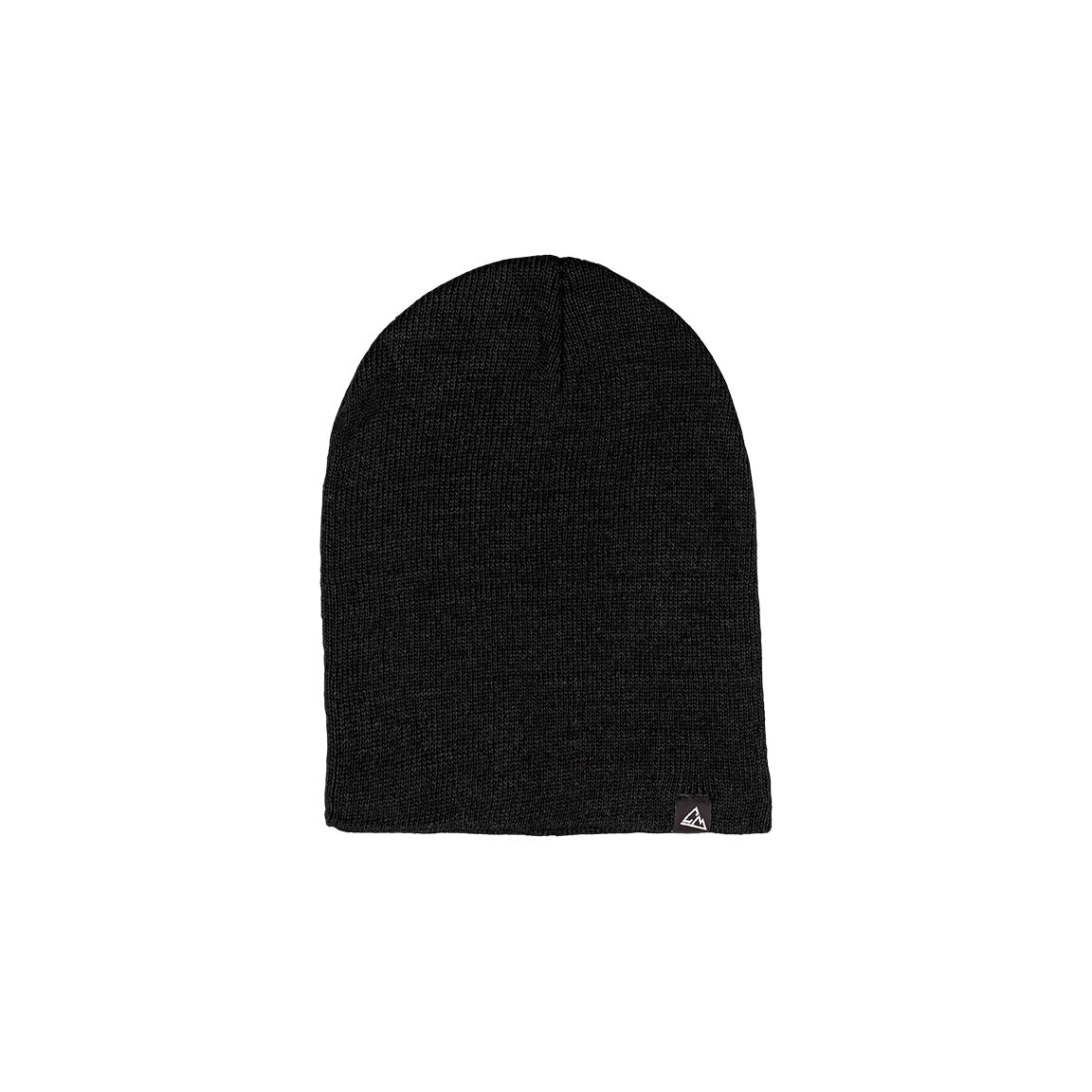 A plain black knitted beanie with a subtle weave pattern and a small triangular logo near the bottom edge.