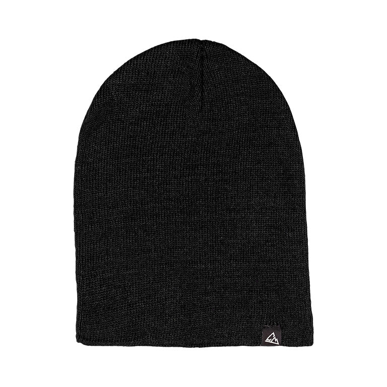 A plain black knitted beanie with a subtle weave pattern and a small triangular logo near the bottom edge.