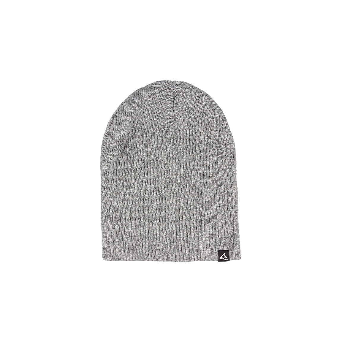 This image shows a plain gray knitted beanie, featuring a fine texture and adorned with a small triangular logo on the side.