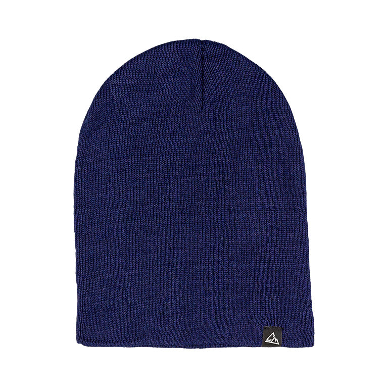 A plain navy blue beanie with a knitted design is displayed, complete with a small triangular logo near the base.