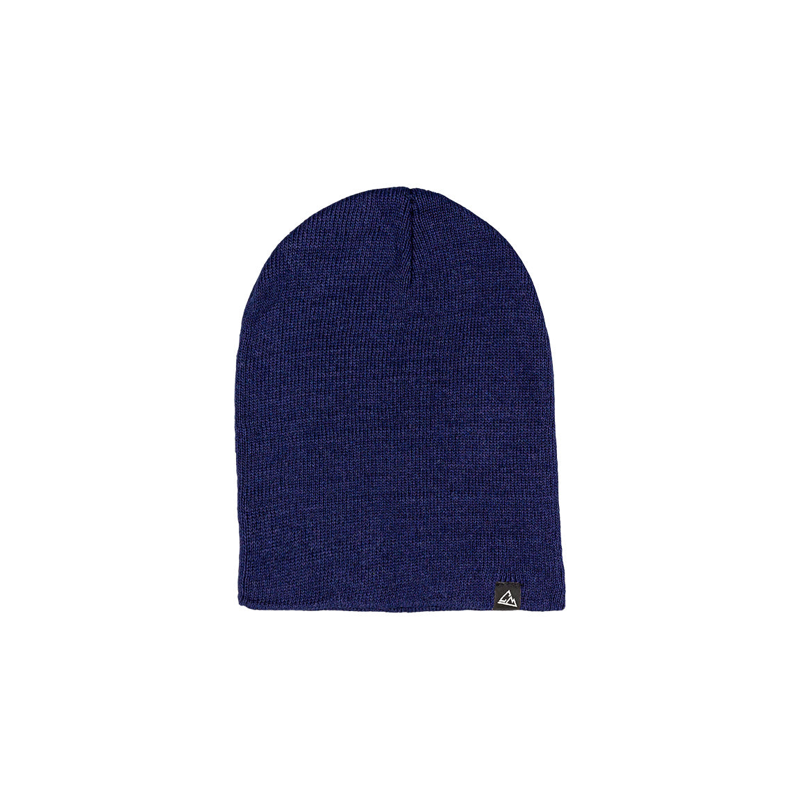A plain navy blue beanie with a knitted design is displayed, complete with a small triangular logo near the base.