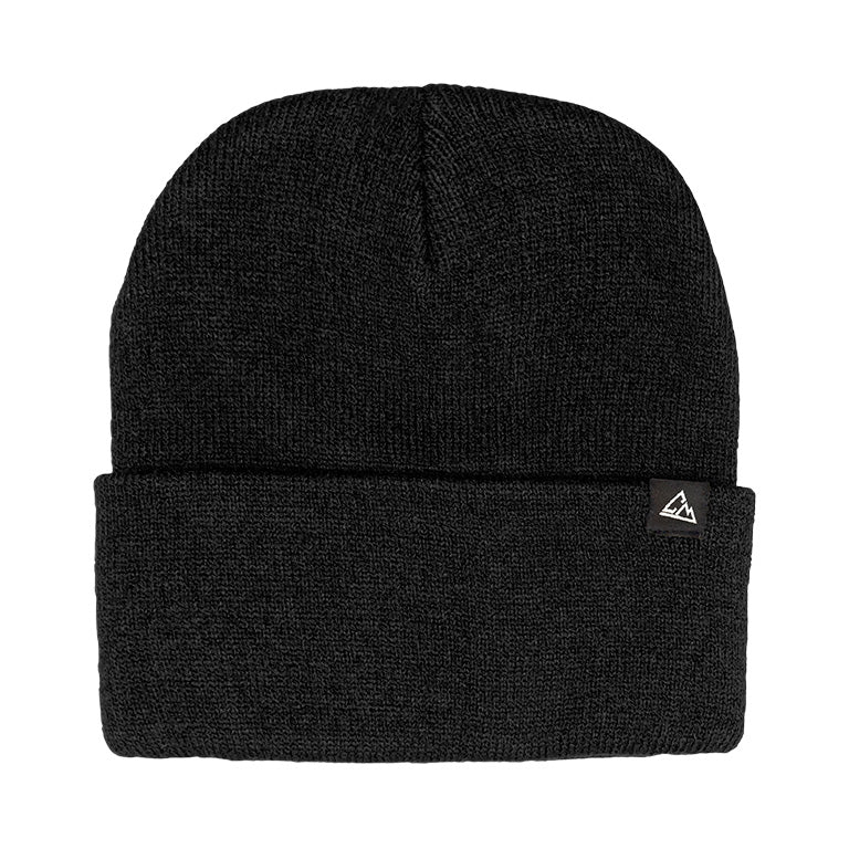 A simple black foldable beanie with a ribbed texture and a small triangular logo on the fold.