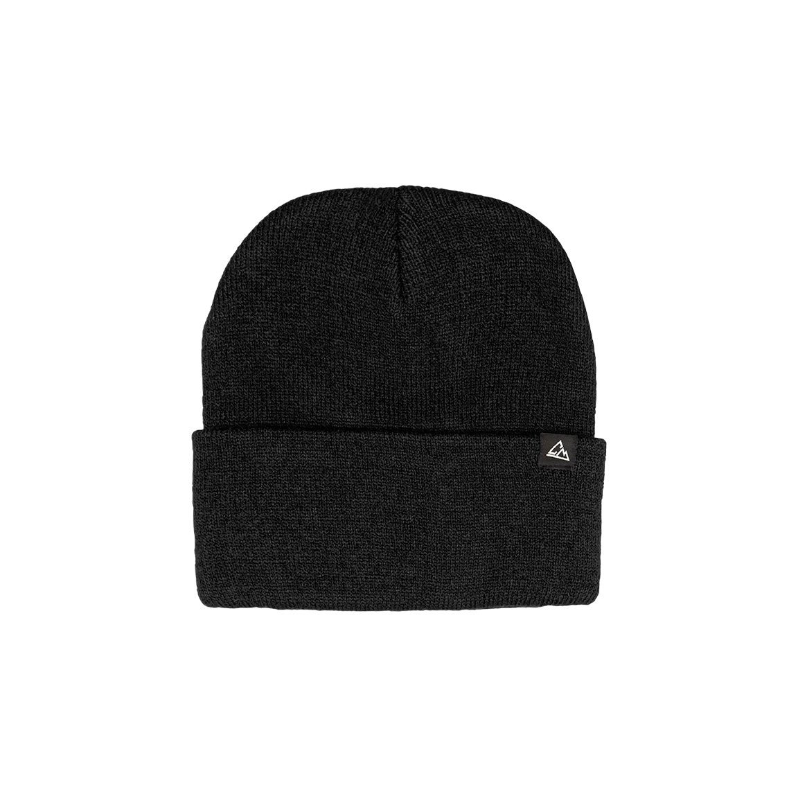 A simple black foldable beanie with a ribbed texture and a small triangular logo on the fold.
