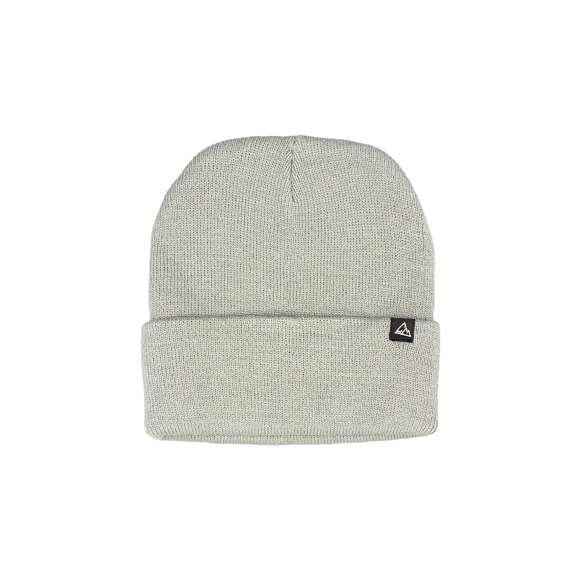 This is a gray foldable beanie with a ribbed design, featuring a small triangular logo on the front of the fold.