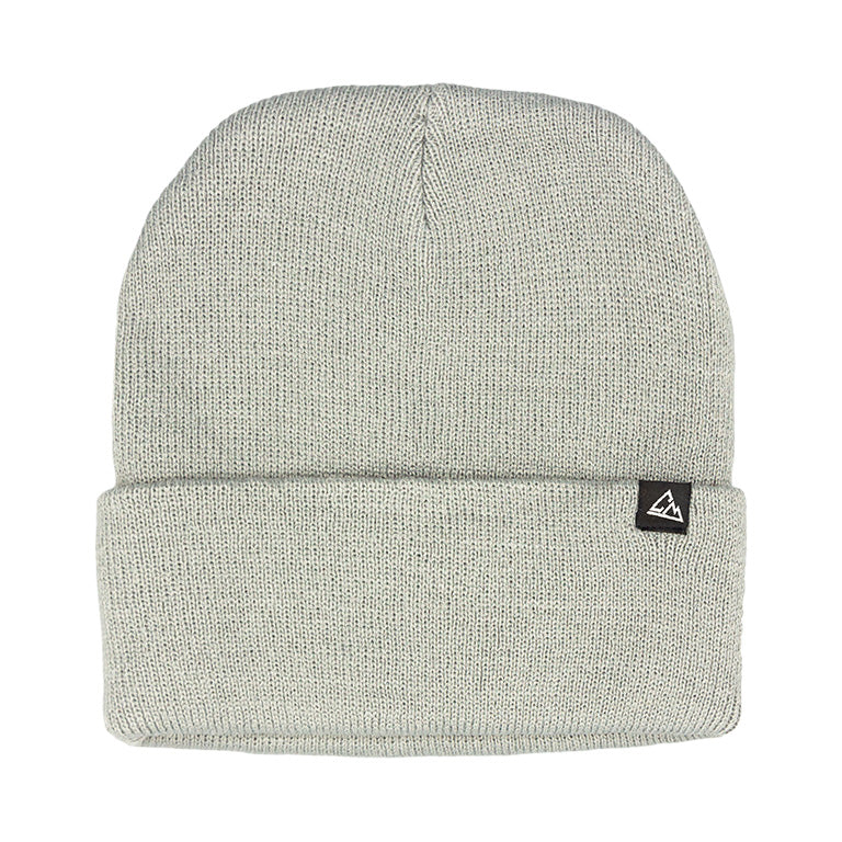 This is a gray foldable beanie with a ribbed design, featuring a small triangular logo on the front of the fold.