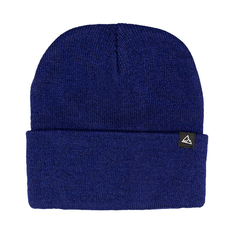 A navy blue ribbed foldable beanie, displaying a small triangular logo on the edge of the fold.