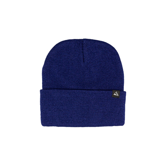 A navy blue ribbed foldable beanie, displaying a small triangular logo on the edge of the fold.