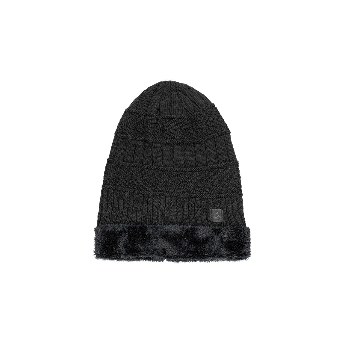 A black heavy knit beanie with a cable knit pattern, a ribbed fold-over cuff, and a fluffy black faux fur band above the cuff. It has a small triangular logo patch on the cuff.