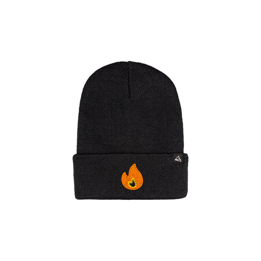 This beanie is black with a ribbed pattern and features an orange flame patch on the fold, alongside a small triangular logo.
