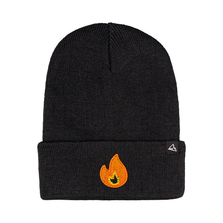 This beanie is black with a ribbed pattern and features an orange flame patch on the fold, alongside a small triangular logo.