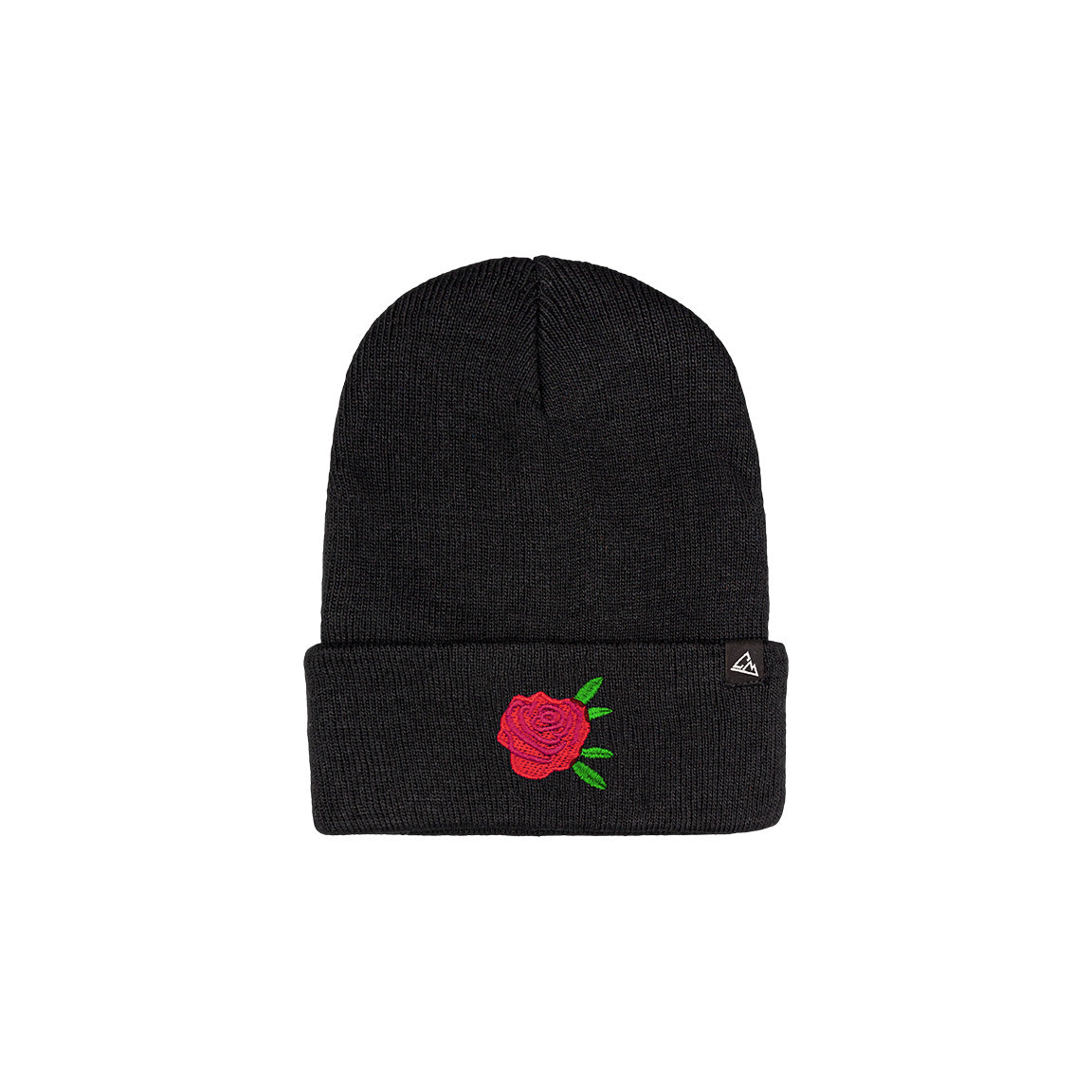 A black ribbed beanie showcasing a red rose patch on the fold and a small triangular logo on the side.