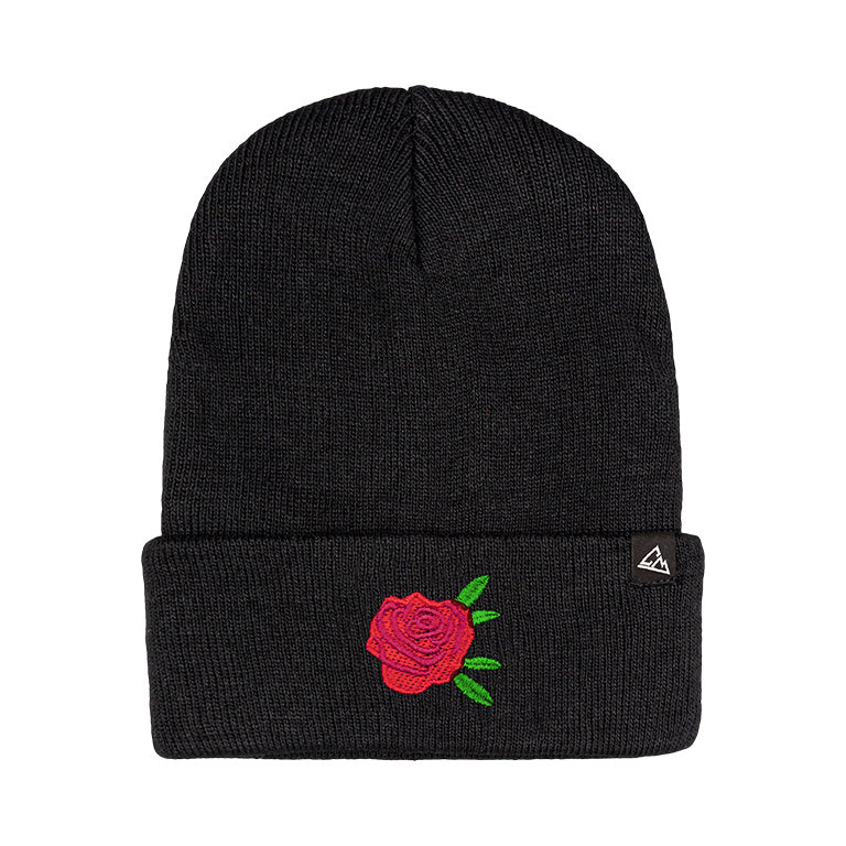 A black ribbed beanie showcasing a red rose patch on the fold and a small triangular logo on the side.