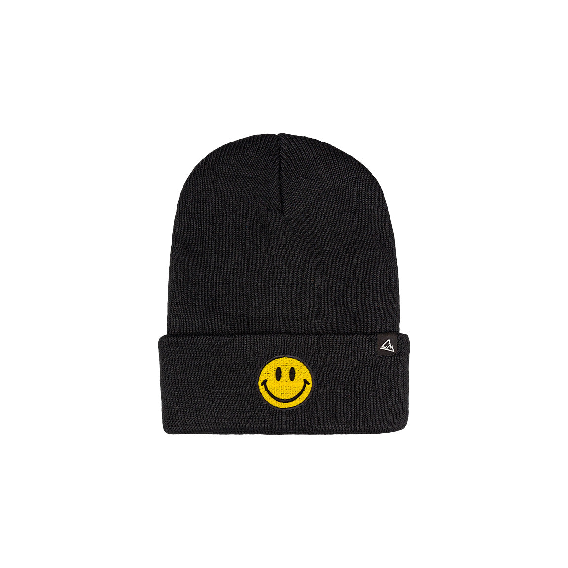 A black ribbed beanie is adorned with a yellow smiley face patch on the fold, complemented by a small triangular logo.