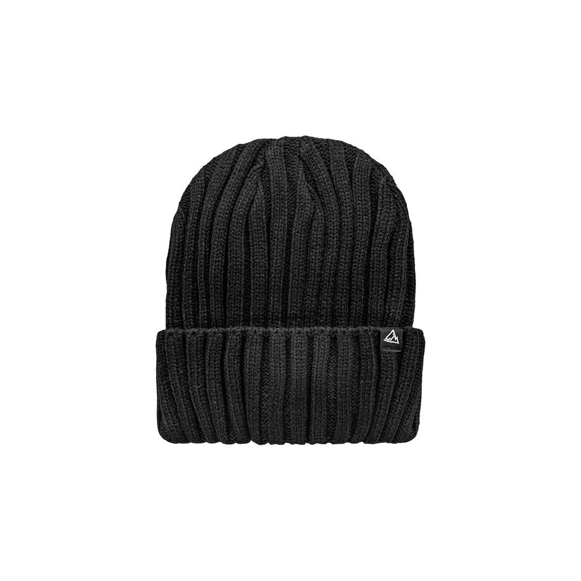 A black ribbed beanie with a turned-up cuff and a small triangular logo patch on the side.