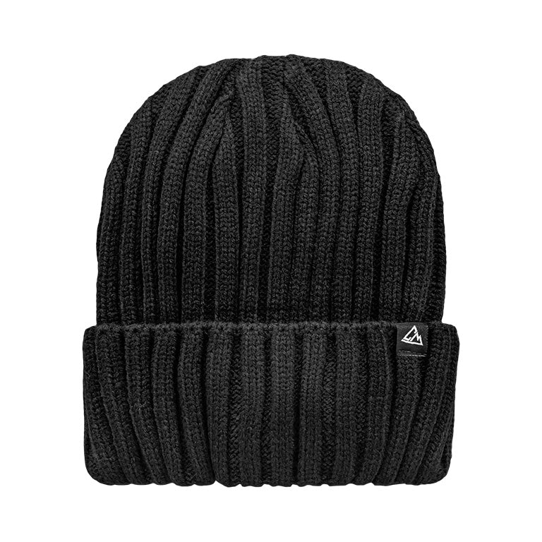 A black ribbed beanie with a turned-up cuff and a small triangular logo patch on the side.