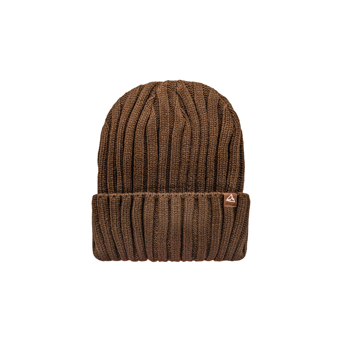 This is a brown ribbed beanie with a fold-over cuff, featuring a small triangular logo patch on the side.
